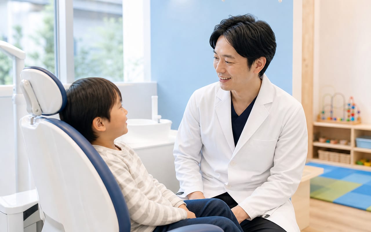 診療チェアのお子さまと笑顔で話す院長