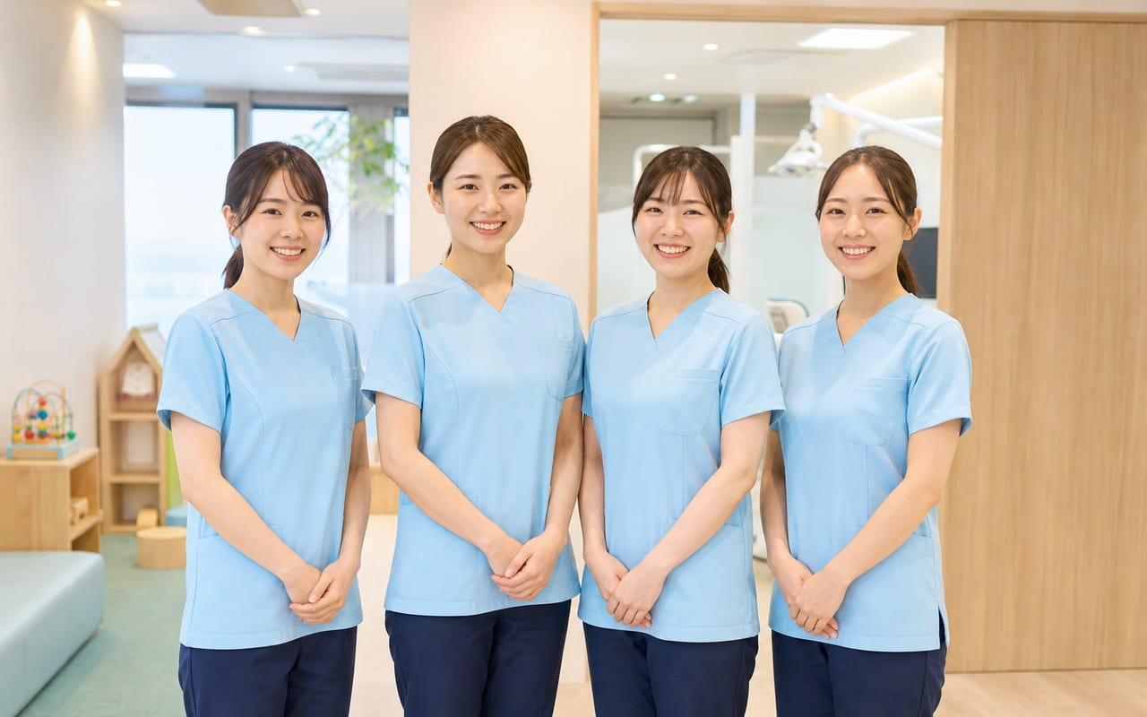 笑顔で並ぶ歯科衛生士とスタッフ